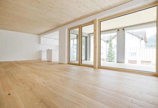 Wohnzimmer Holzbau Holz Aluminium Fensterfront